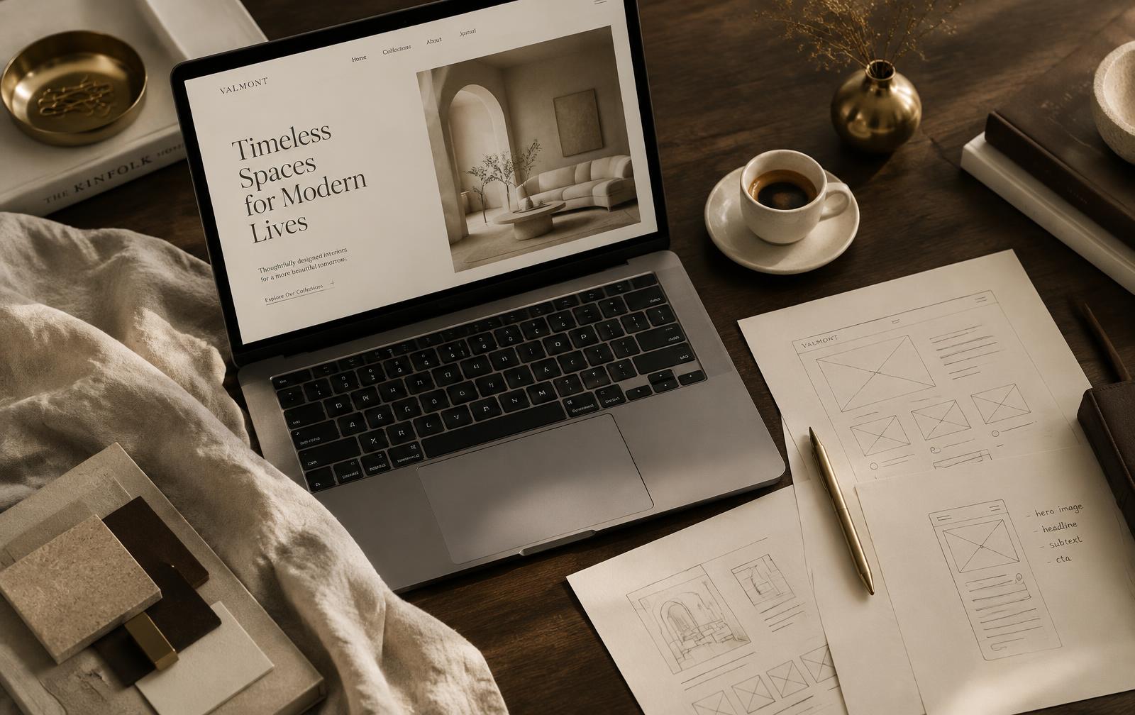 Elegant desk with a laptop showing a luxury website design